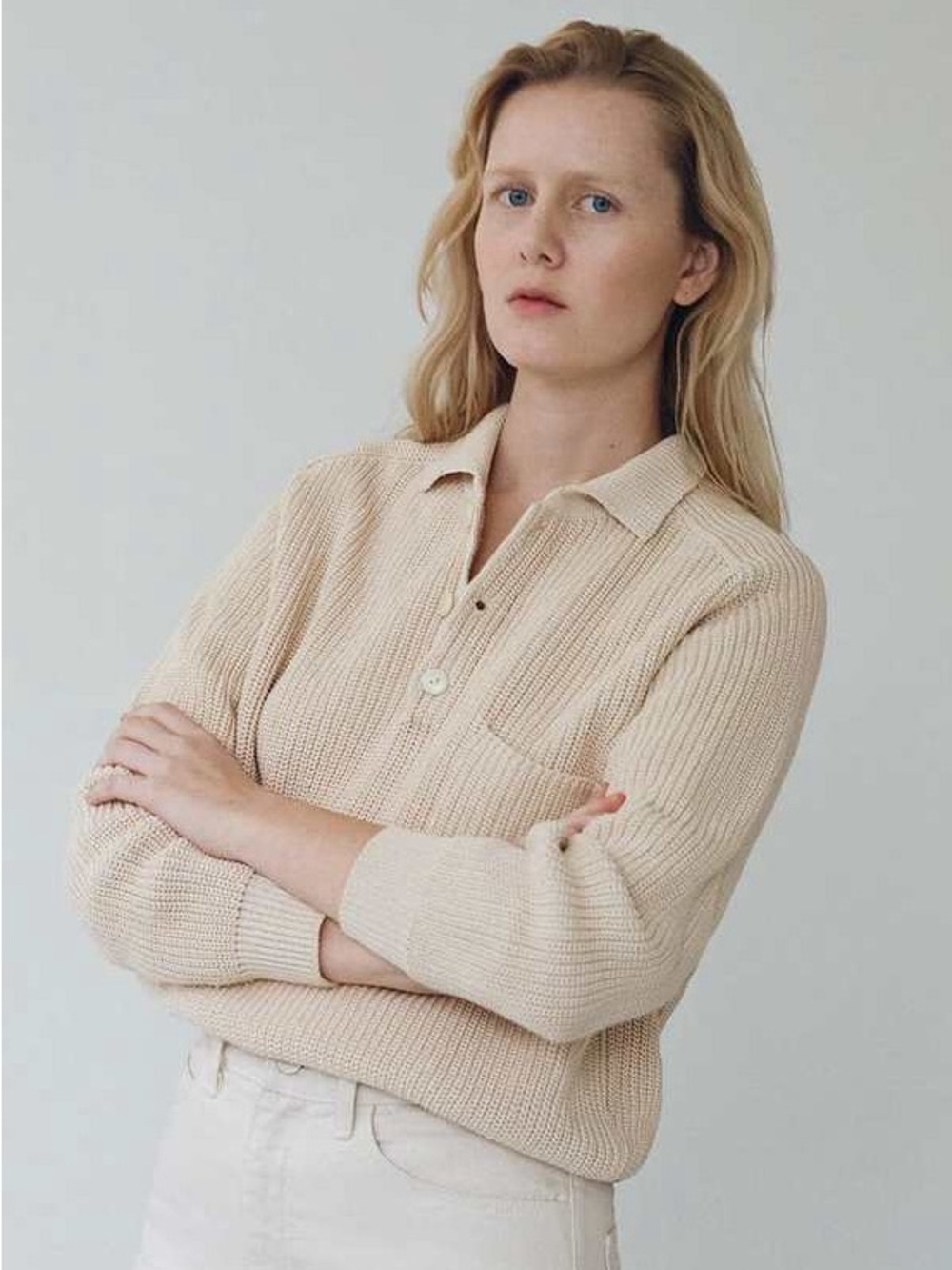 Shaina Mote Saatchi cotton rib knit collared sweater neutral cream natural small